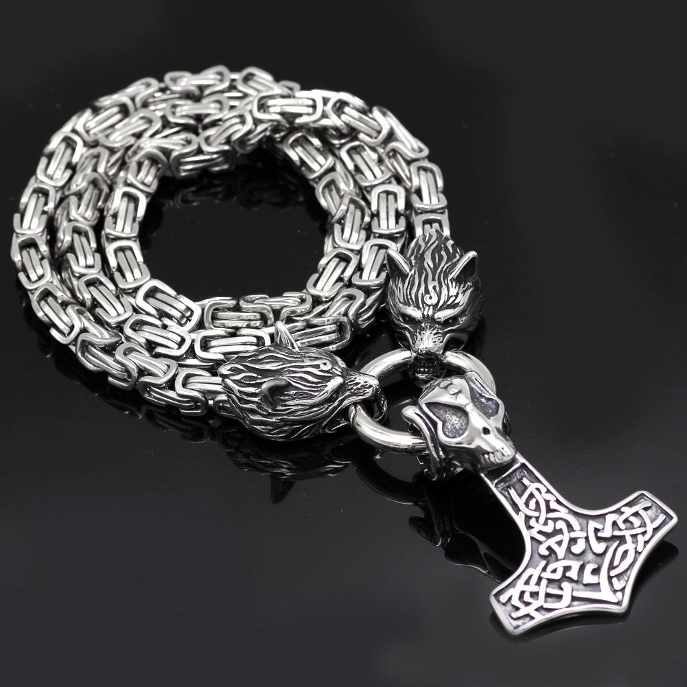 HANDMADE King's Stainless Steel Wolf Head Necklace with Skull Thor's Hammer - VikingsBrand