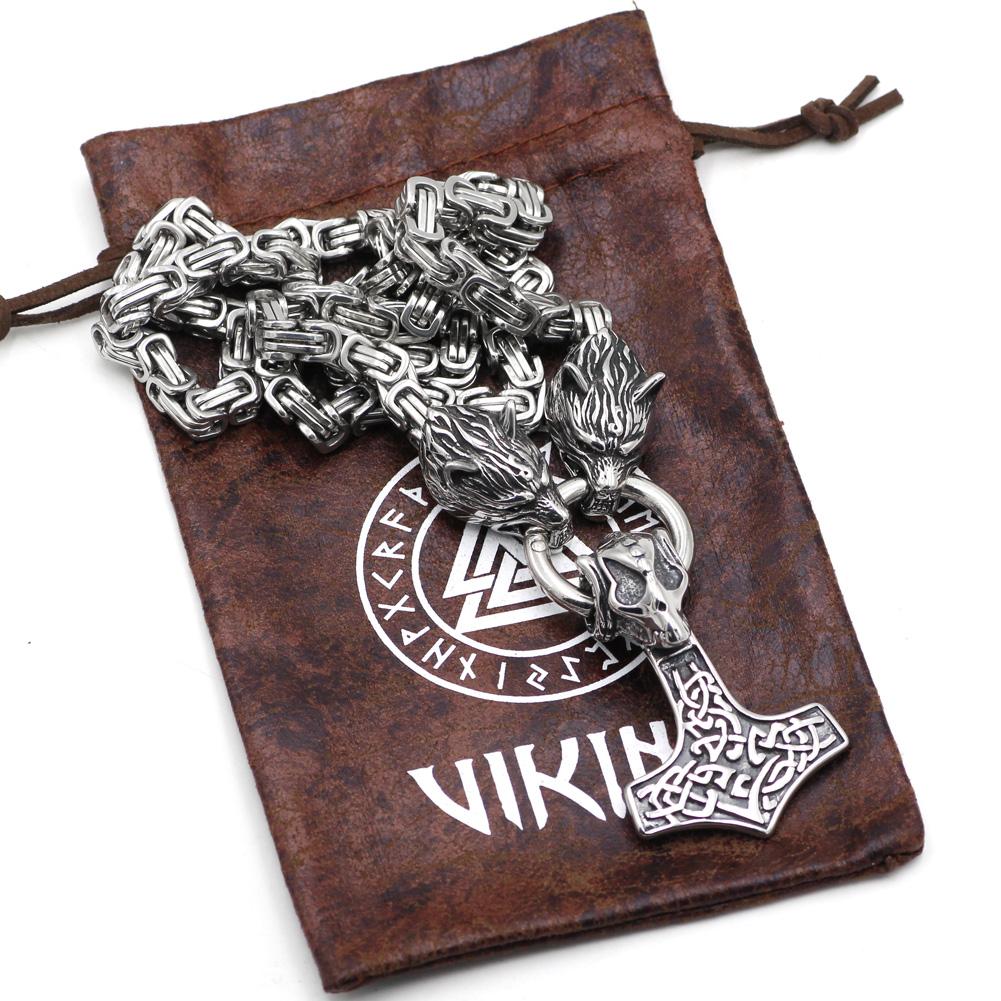 HANDMADE King's Stainless Steel Wolf Head Necklace with Skull Thor's Hammer - VikingsBrand
