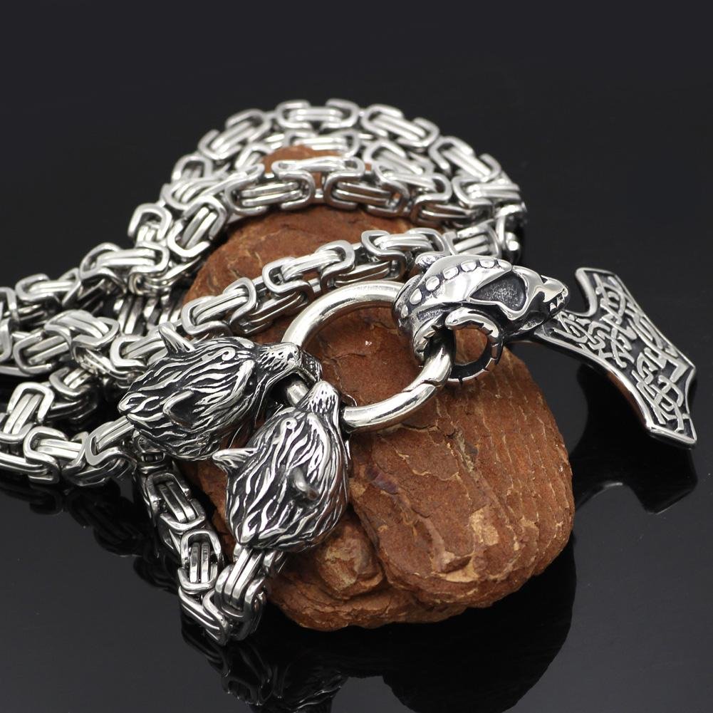 HANDMADE King's Stainless Steel Wolf Head Necklace with Skull Thor's Hammer - VikingsBrand