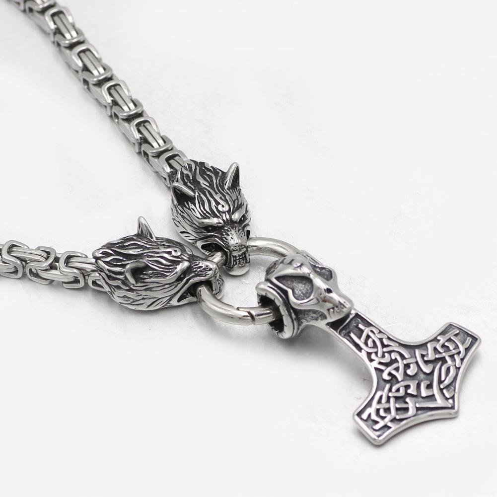 HANDMADE King's Stainless Steel Wolf Head Necklace with Skull Thor's Hammer - VikingsBrand
