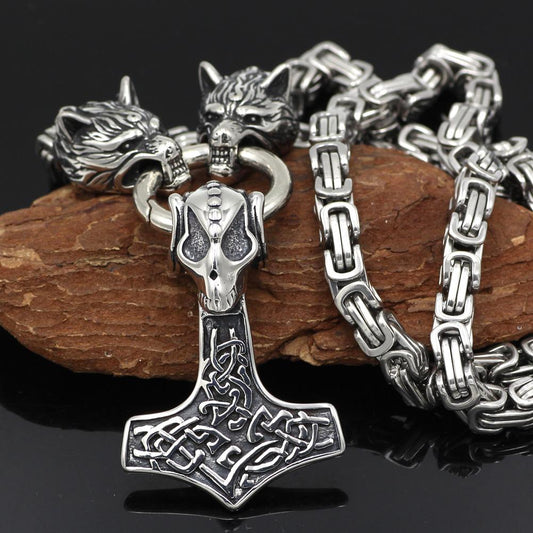 HANDMADE King's Stainless Steel Wolf Head Necklace with Skull Thor's Hammer - VikingsBrand