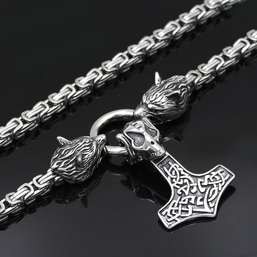 HANDMADE King's Stainless Steel Wolf Head Necklace with Skull Thor's Hammer - VikingsBrand