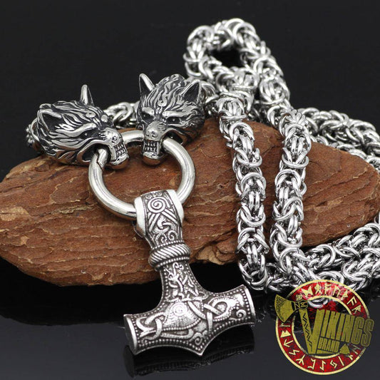 HANDMADE Massive Stainless Steel Wolf Head Necklace with Huge Thor's Hammer - VikingsBrand