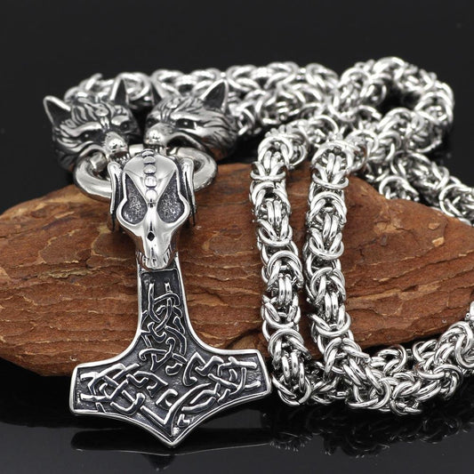HANDMADE Massive Stainless Steel Wolf Head Necklace with Skull Thor's Hammer - VikingsBrand