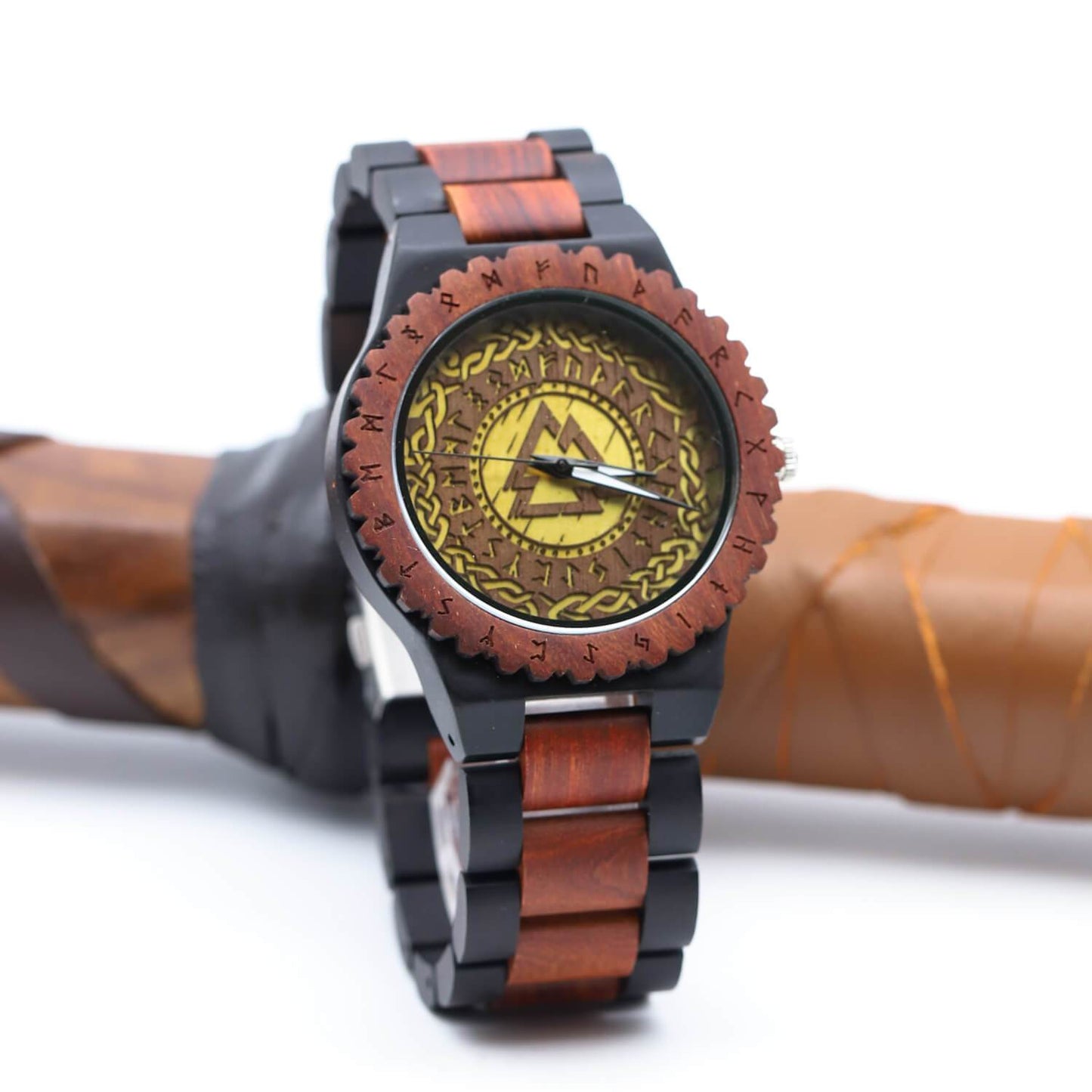 Harald Viking Wooden Watch with Carved Valknut Viking Symbol & Custom Engravings