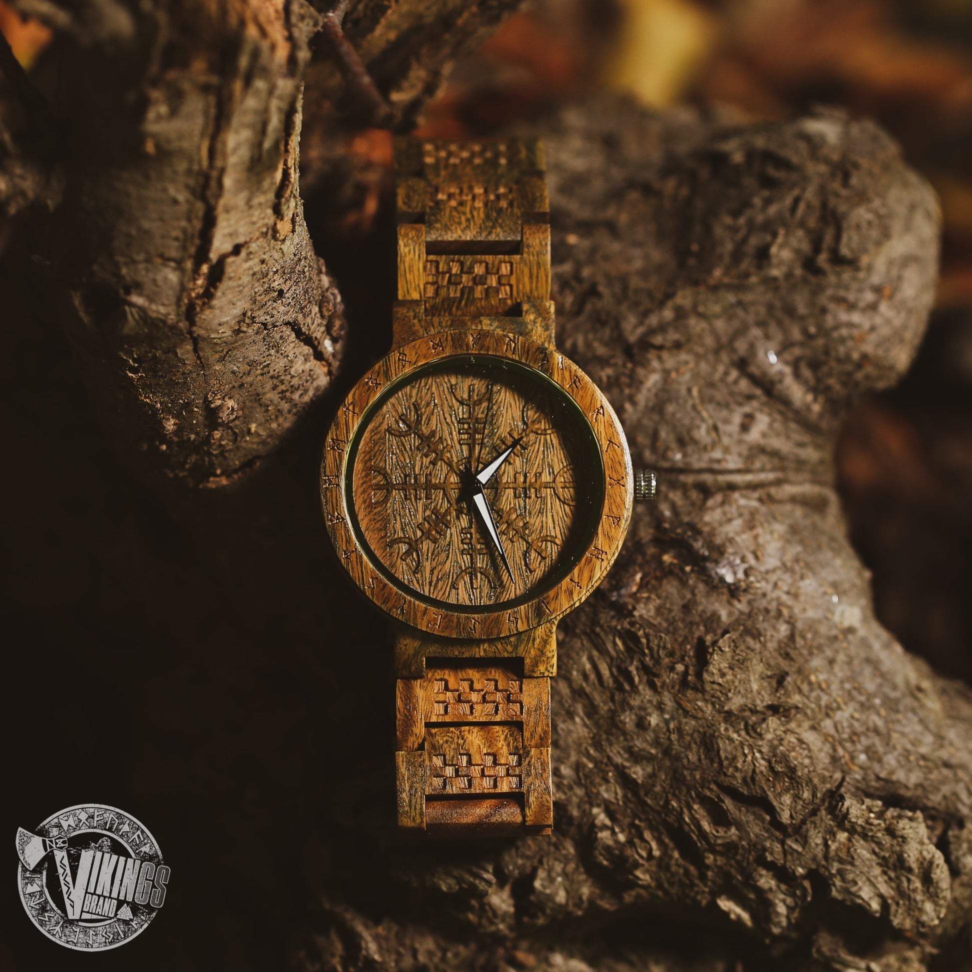 Harbard Viking Wooden Watch with Helm of Awe Viking Symbol & Custom Engraved Saying on Back Cover - VikingsBrand