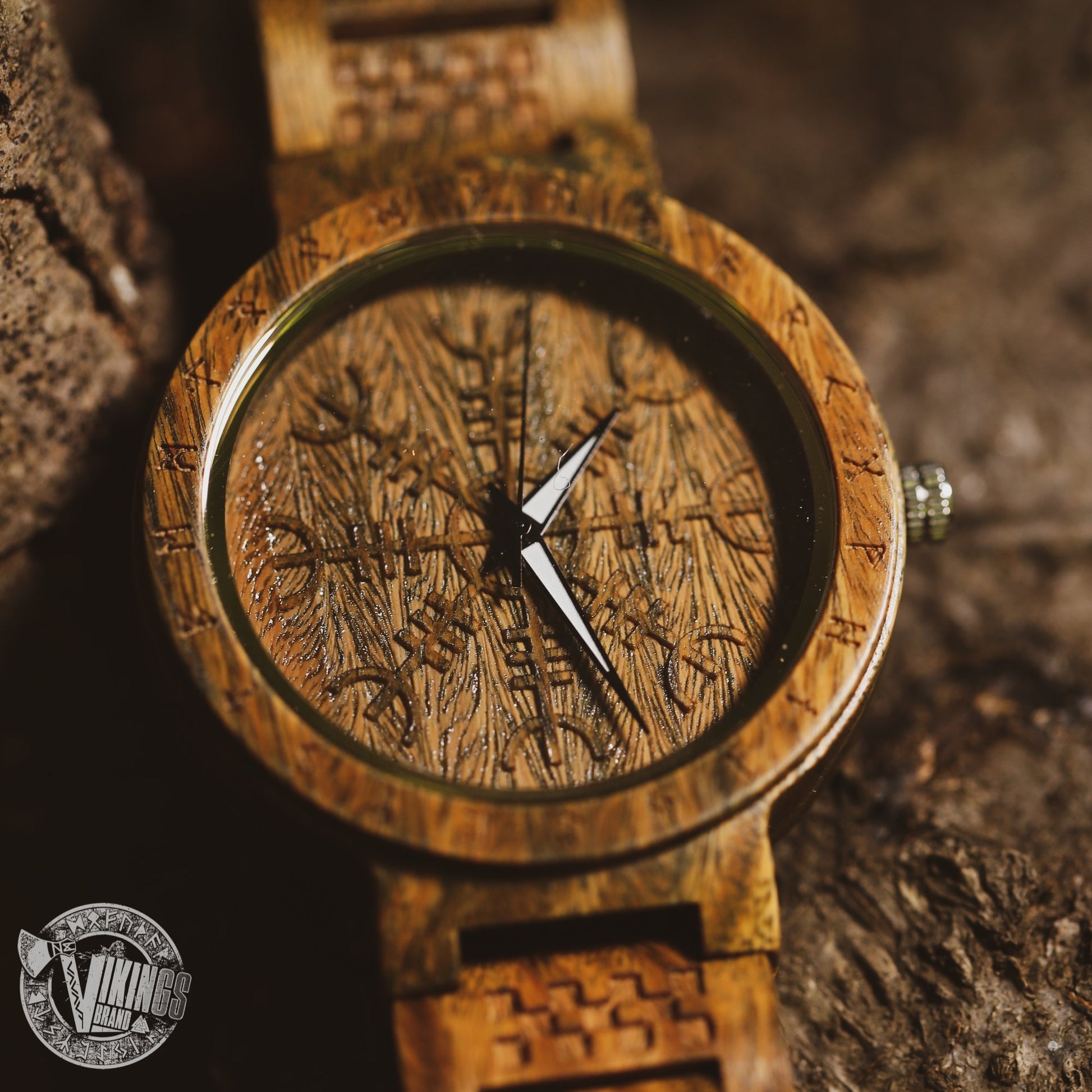 Harbard Viking Wooden Watch with Helm of Awe Viking Symbol & Custom Engraved Saying on Back Cover - VikingsBrand