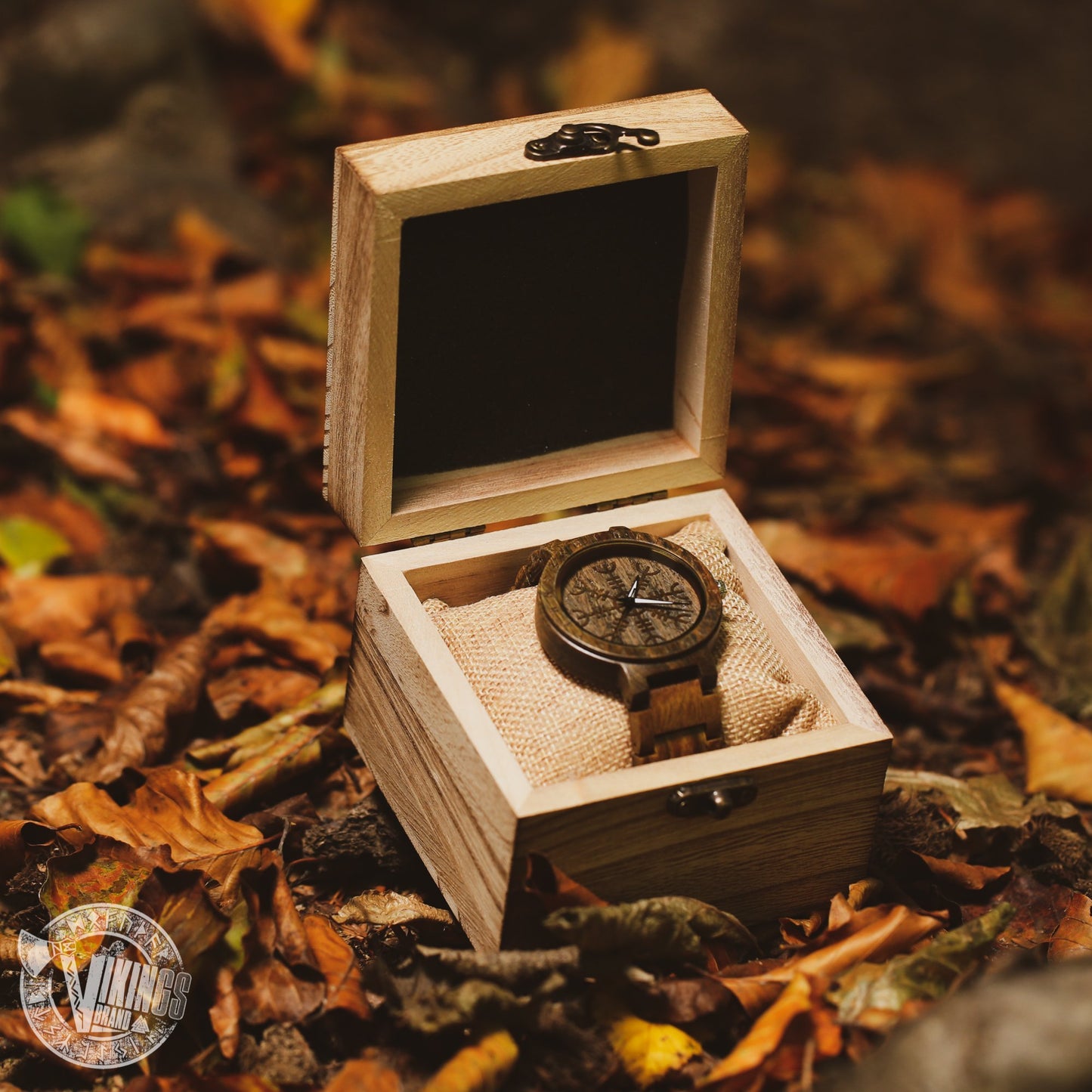 Harbard Viking Wooden Watch with Helm of Awe Viking Symbol & Custom Engraved Saying on Back Cover - VikingsBrand