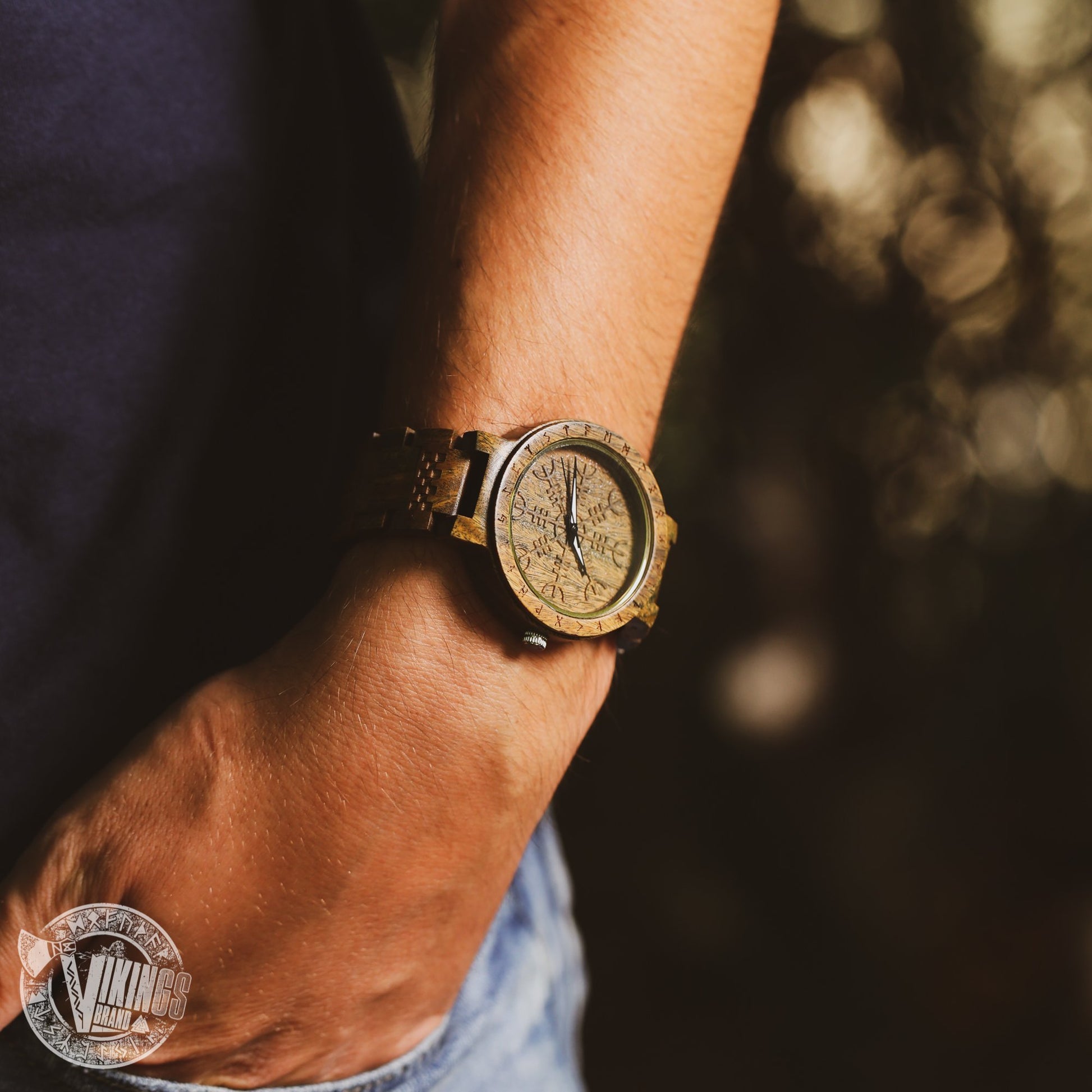 Harbard Viking Wooden Watch with Helm of Awe Viking Symbol & Custom Engraved Saying on Back Cover - VikingsBrand