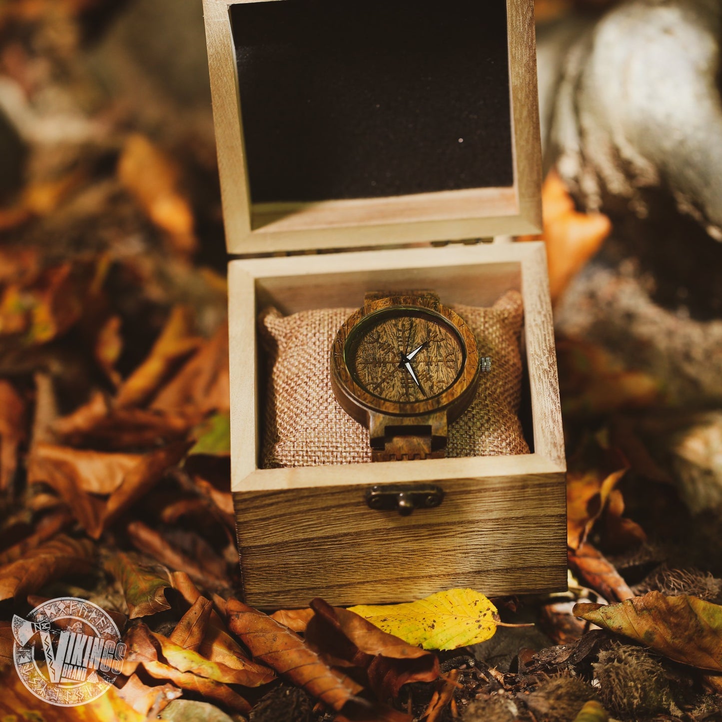 Harbard Viking Wooden Watch with Helm of Awe Viking Symbol & Custom Engraved Saying on Back Cover - VikingsBrand