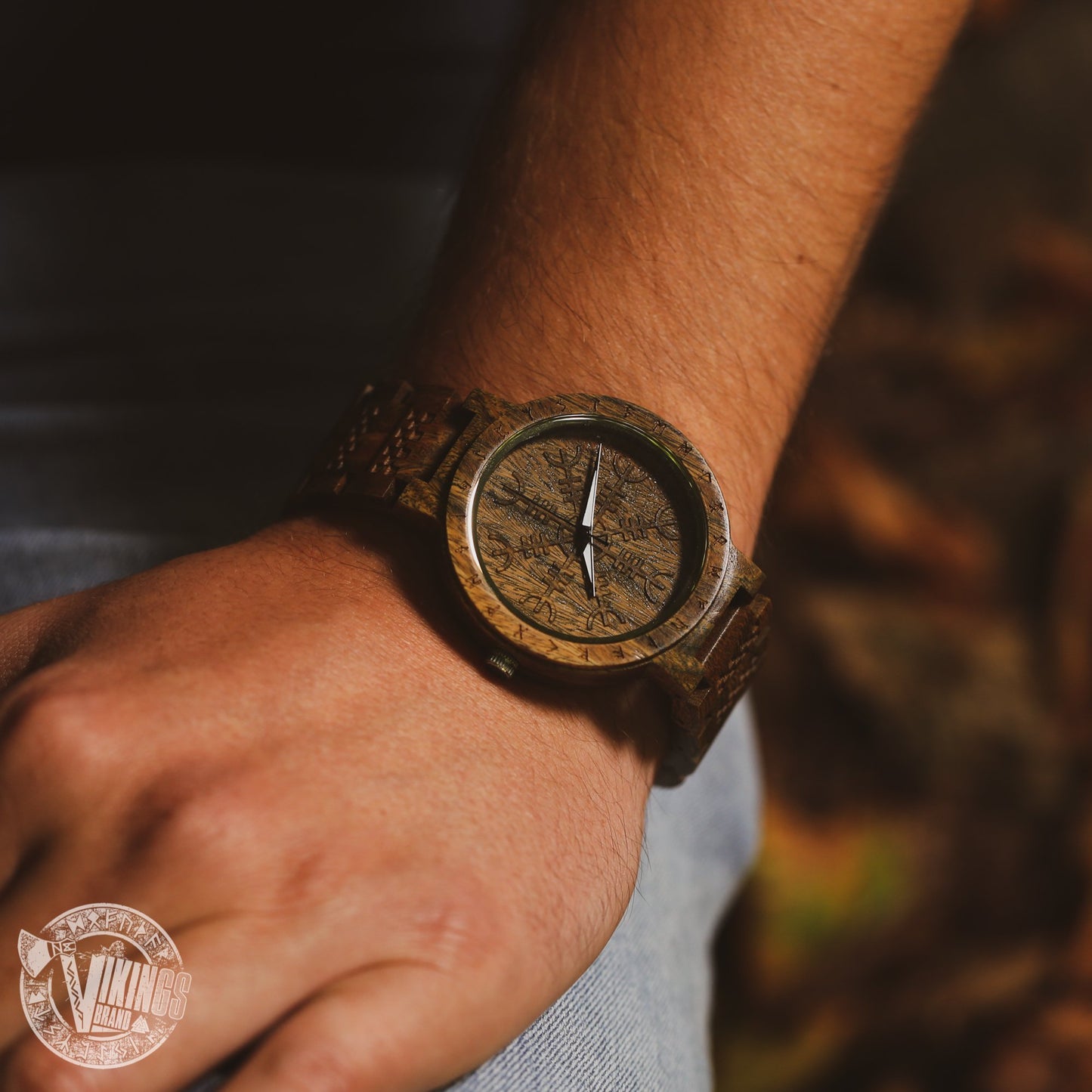 Harbard Viking Wooden Watch with Helm of Awe Viking Symbol & Custom Engraved Saying on Back Cover - VikingsBrand