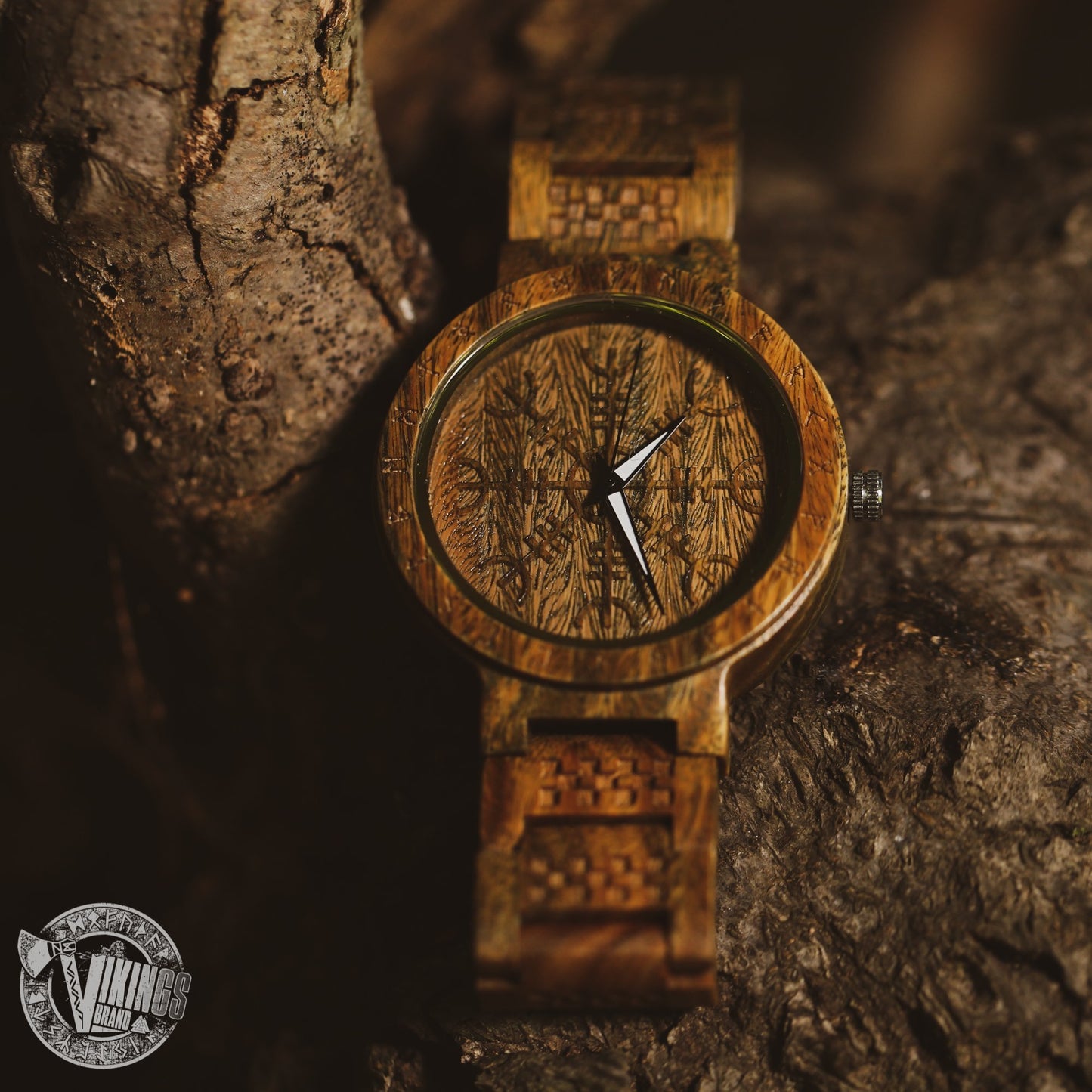 Harbard Viking Wooden Watch with Helm of Awe Viking Symbol & Custom Engraved Saying on Back Cover - VikingsBrand