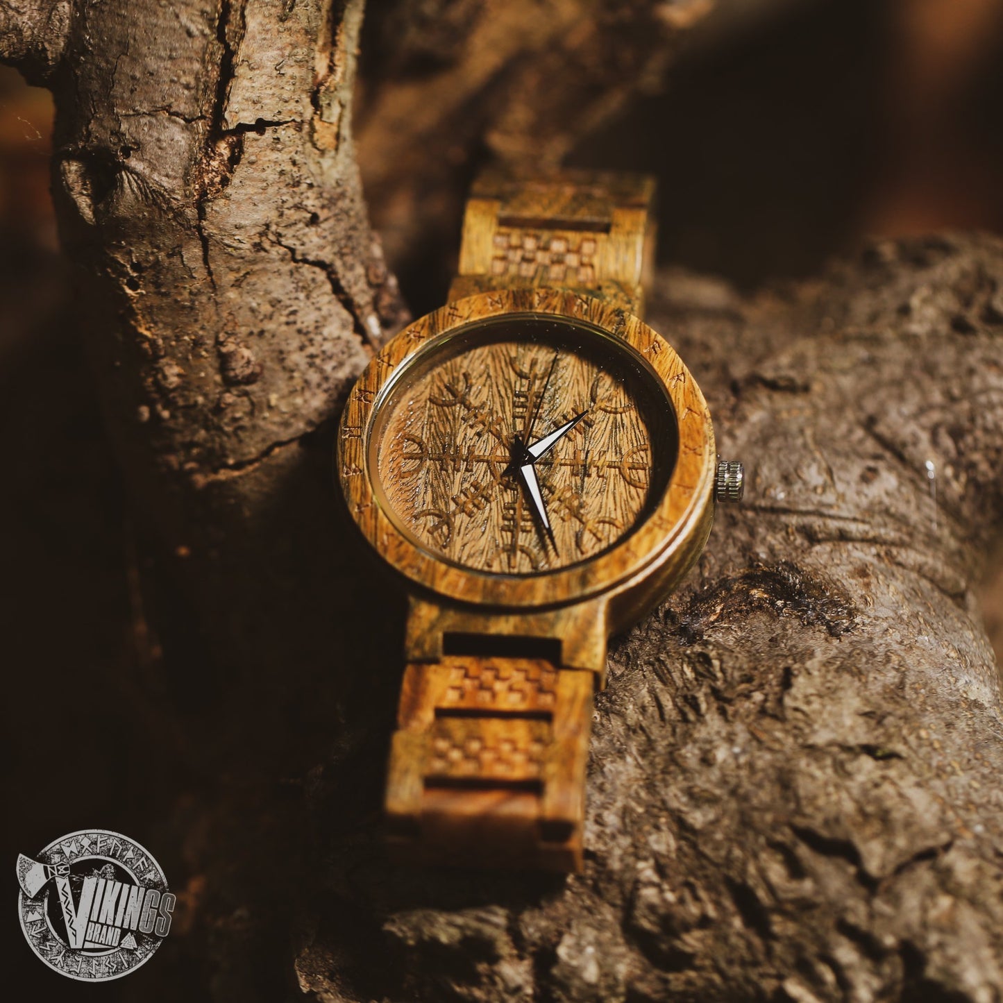 Harbard Viking Wooden Watch with Helm of Awe Viking Symbol & Custom Engraved Saying on Back Cover - VikingsBrand