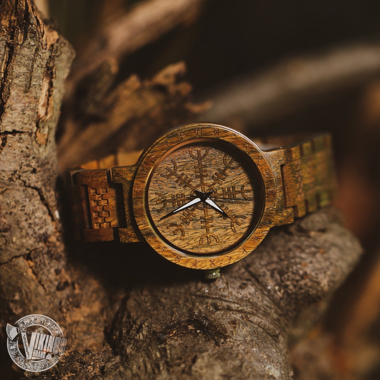 Harbard Viking Wooden Watch with Helm of Awe Viking Symbol & Custom Engraved Saying on Back Cover - VikingsBrand