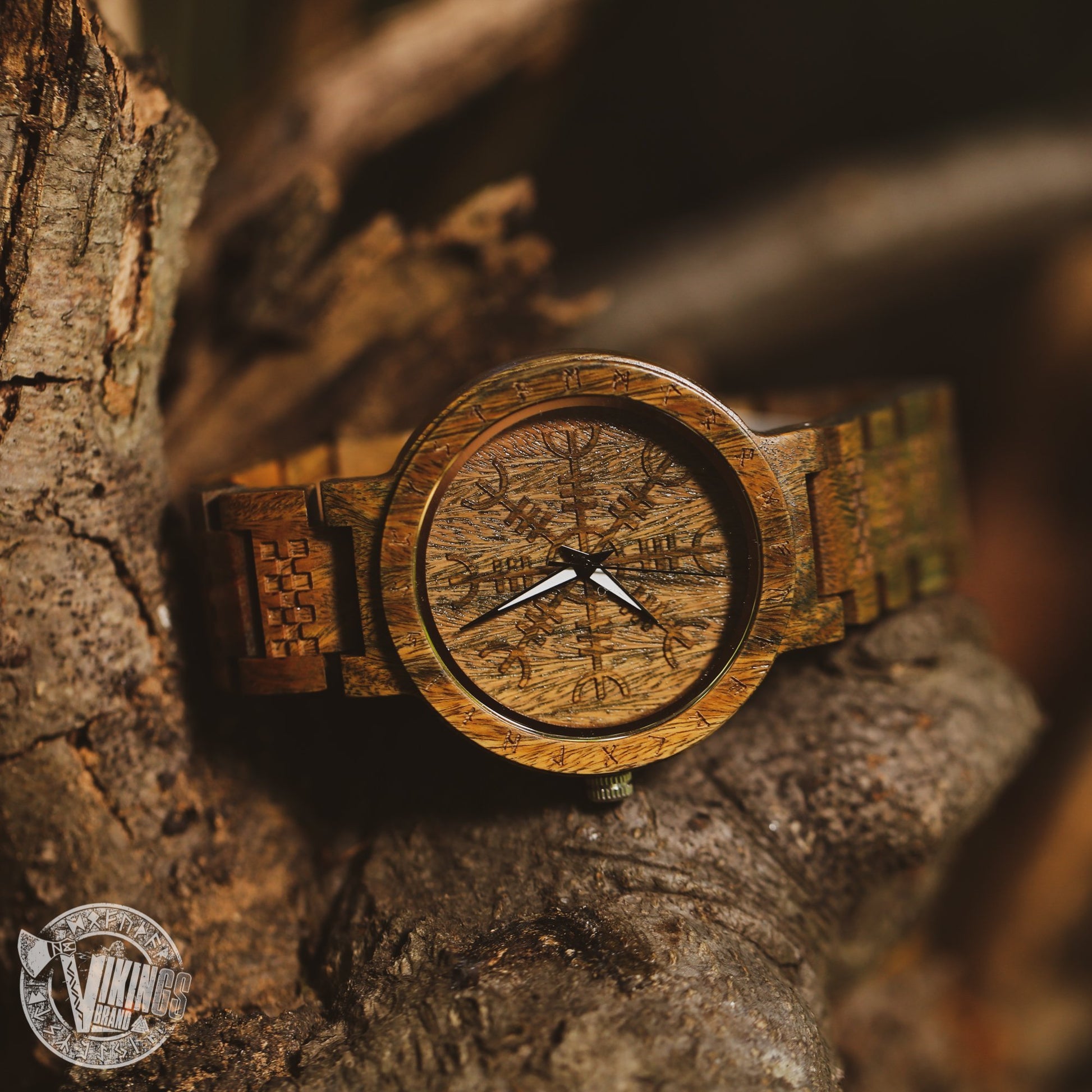 Harbard Viking Wooden Watch with Helm of Awe Viking Symbol & Custom Engraved Saying on Back Cover - VikingsBrand