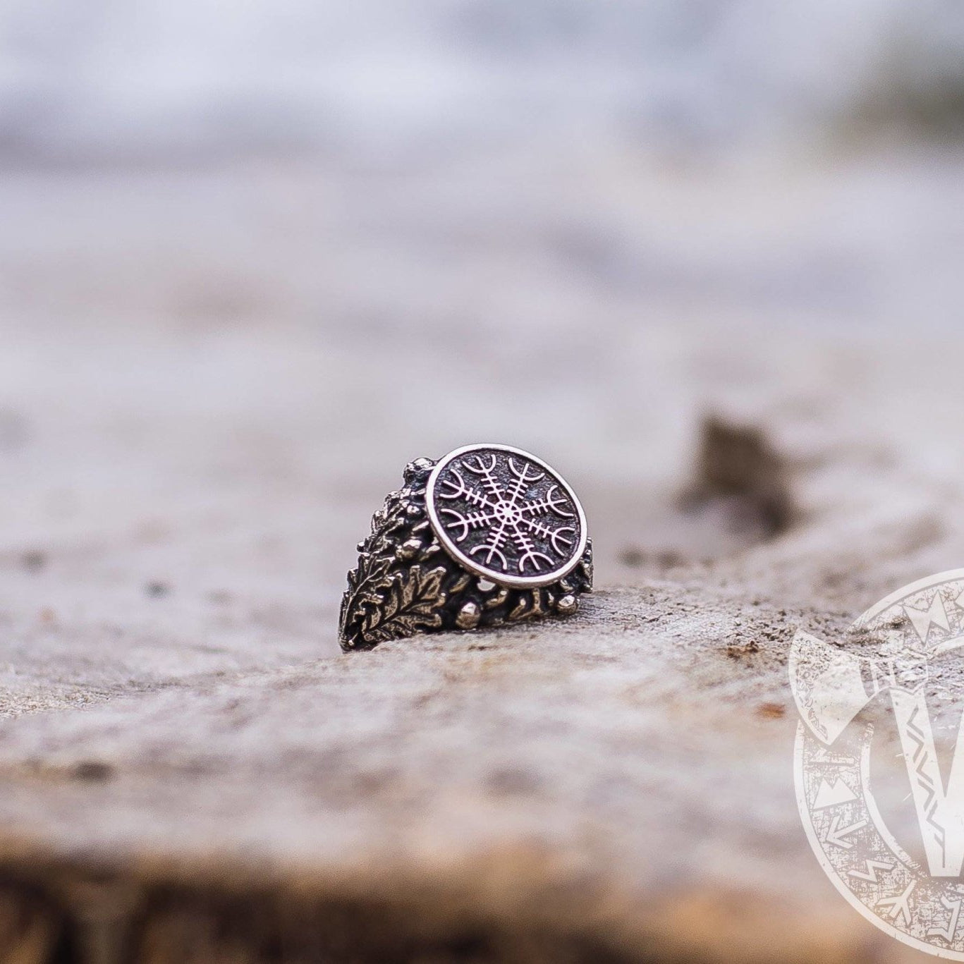 Helm of Awe Sterling Silver Ring with Oak Leaves and Acorns - VikingsBrand