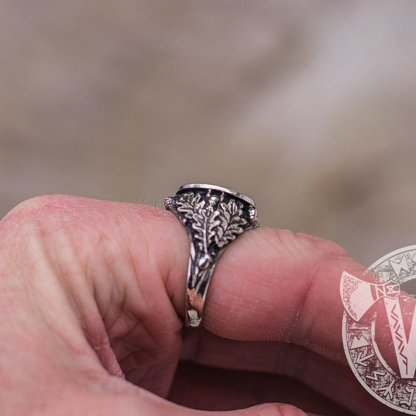 Helm of Awe Sterling Silver Ring with Oak Leaves and Acorns - VikingsBrand