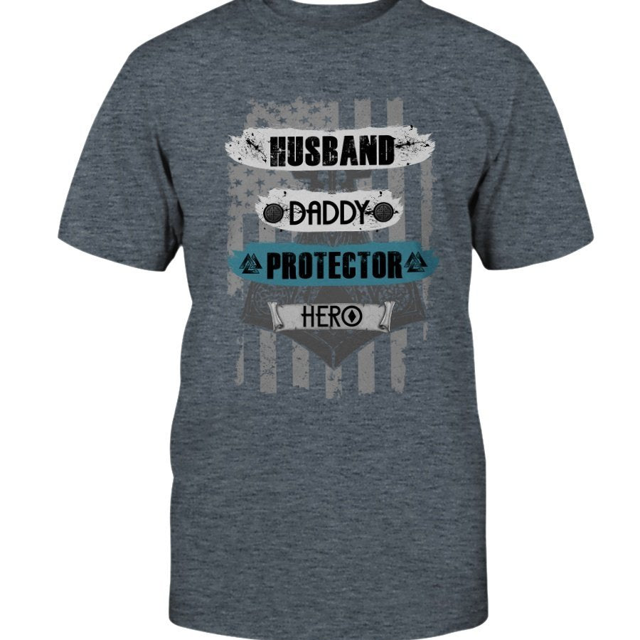 Husband - Daddy - Protector - Hero Cotton T-Shirt - USA Green Blue