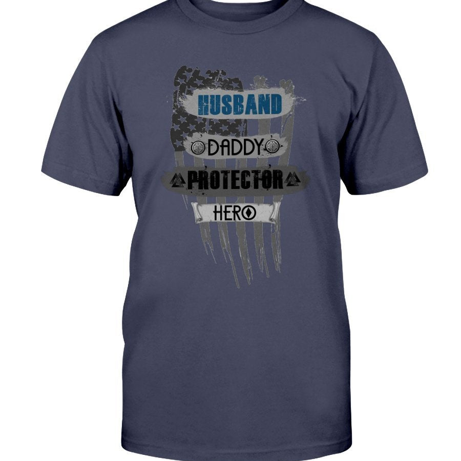 Husband - Daddy - Protector - Hero Cotton T-Shirt - USA BLue