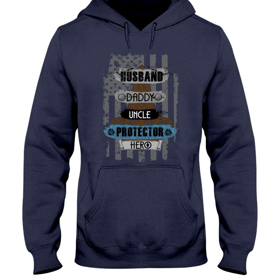 Husband - Daddy - Protector - Hero Hoodie - Brown / Blue USA