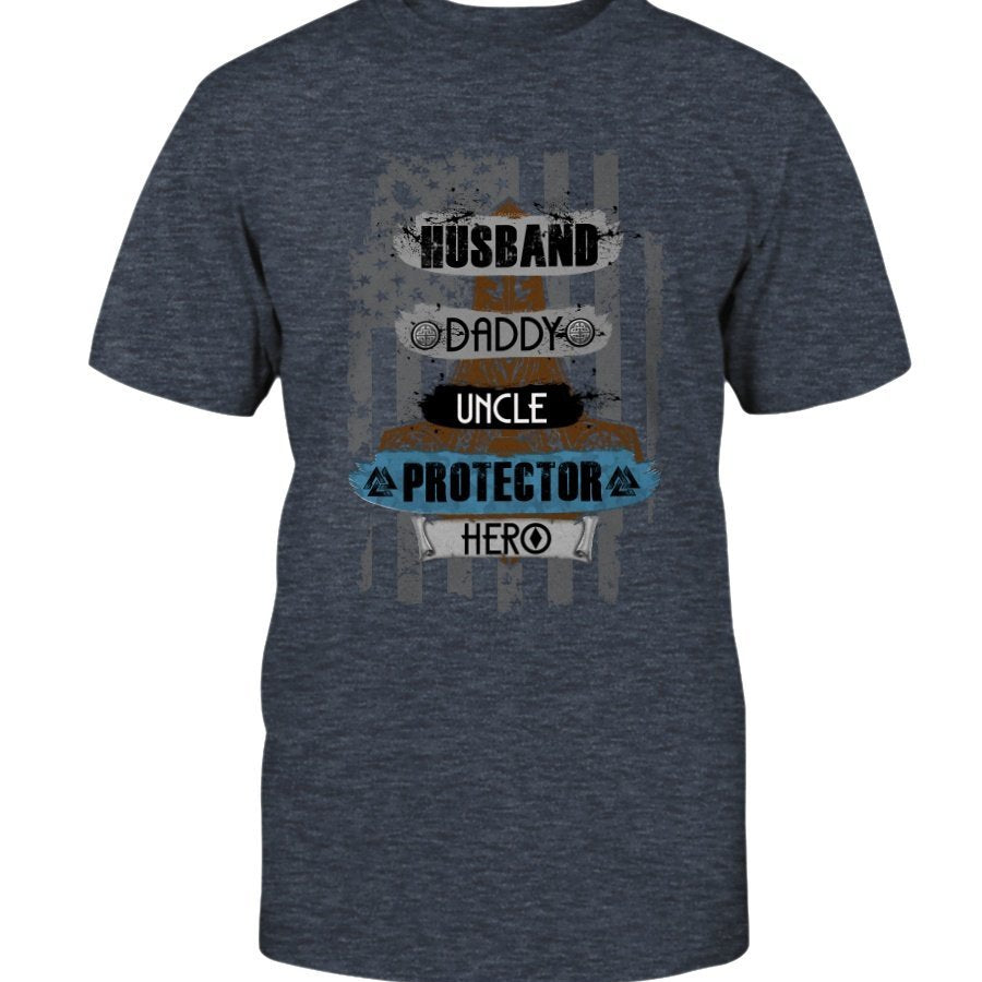 Husband - Daddy - Protector - Hero Premium T-Shirt - Blue & Brown