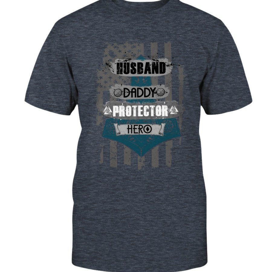 Husband - Daddy - Protector - Hero Premium T-Shirt - White & Blue
