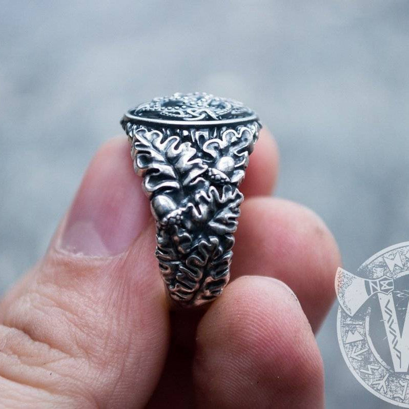 Jormungandr Symbol with Oak Leaves and Acorns Sterling Silver Viking Ring - VikingsBrand