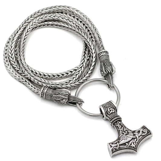 King's Chain Necklace with Raven Head Beads and Thor's Hammer Pendant - VikingsBrand