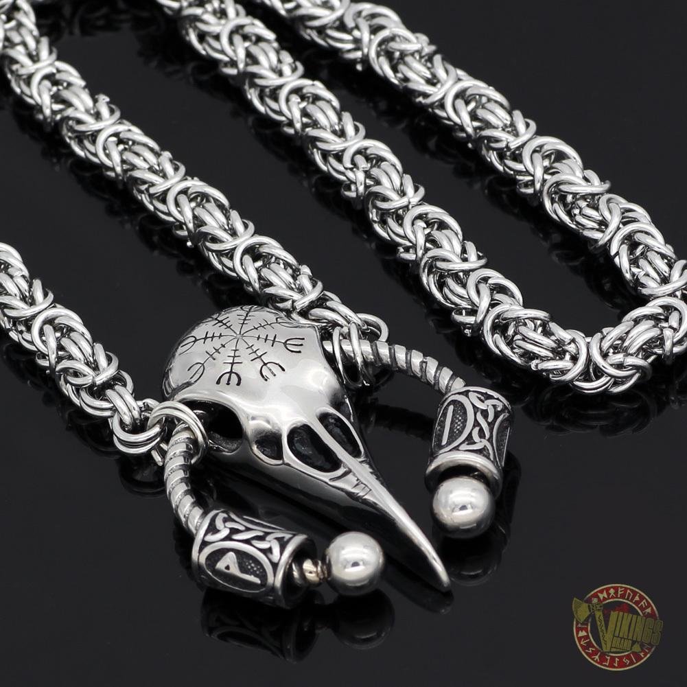 Massive Viking Raven Head Necklace with Runes and Vegvisir - VikingsBrand