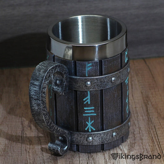 Nordic Viking Rune Beer Tankard 600ml – Wood and Stainless Steel