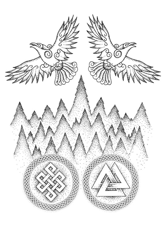Hugin and Munin Norse Ravens Tattoo with Valknut (Digital Download)