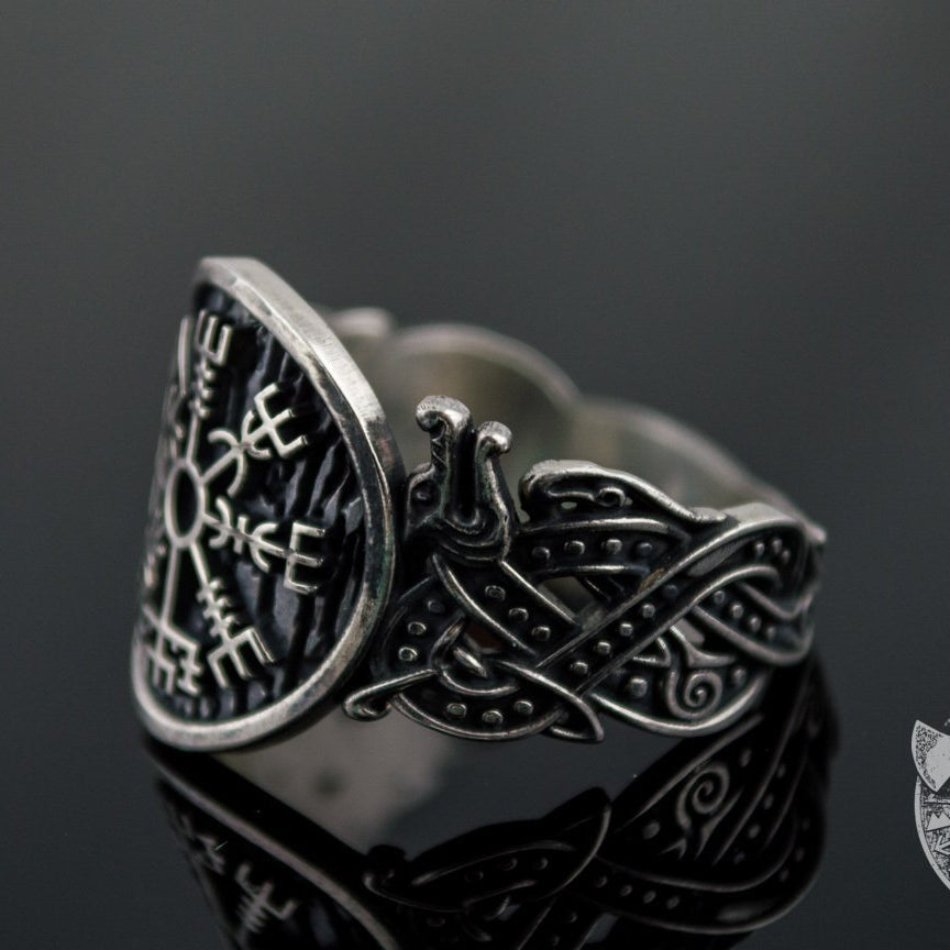 Norse Style Vegvisir Symbol 925 Sterling Silver Viking Ring - VikingsBrand