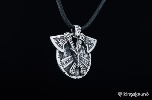 Viking Shield and Crossed Axes Pendant, Sterling Silver