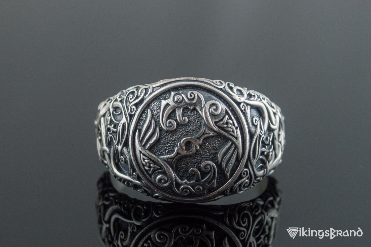 Odin Raven Viking Symbol Ring with Urnes Style Sterling Silver Viking Jewelry