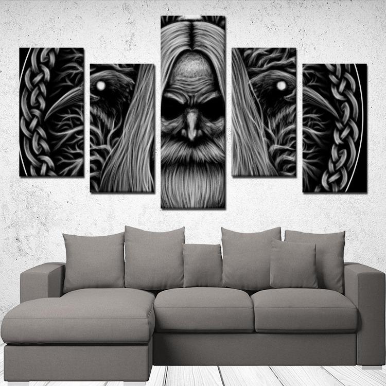 Odin with Huginn & Munnin - 5 Panels Canvas Wall Art - VikingsBrand