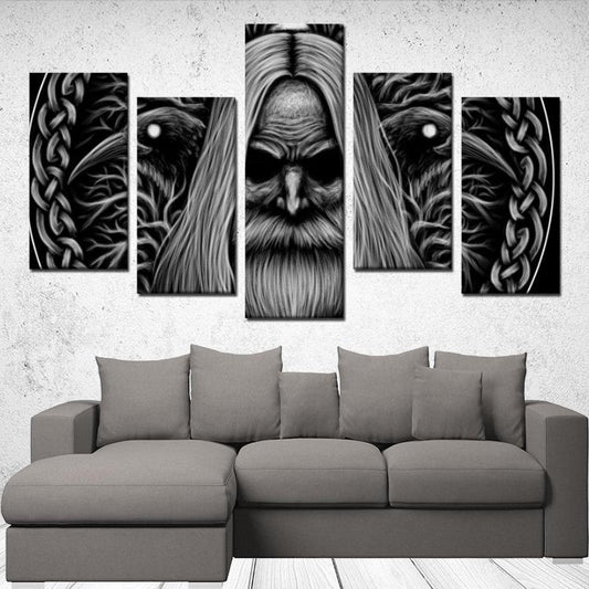 Odin with Huginn & Munnin - 5 Panels Canvas Wall Art - VikingsBrand