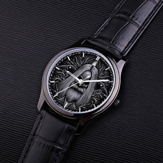 Odin with Ravens Viking Watch - 30 Meters Waterproof Quartz Watch With Black Genuine Leather Band - VikingsBrand