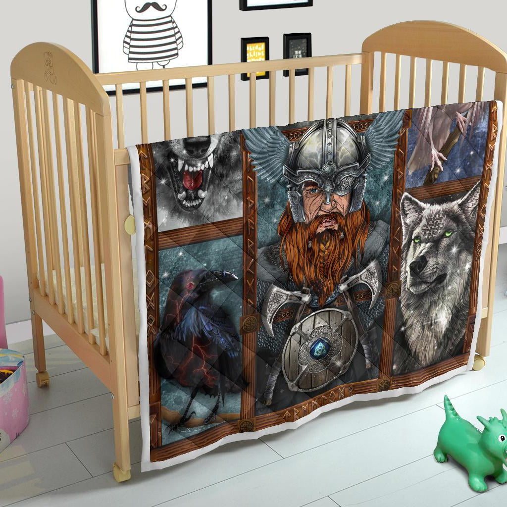 Odin with Wolves Geri & Freki & Ravens Huginn & Munnin Premium Quilt - VikingsBrand