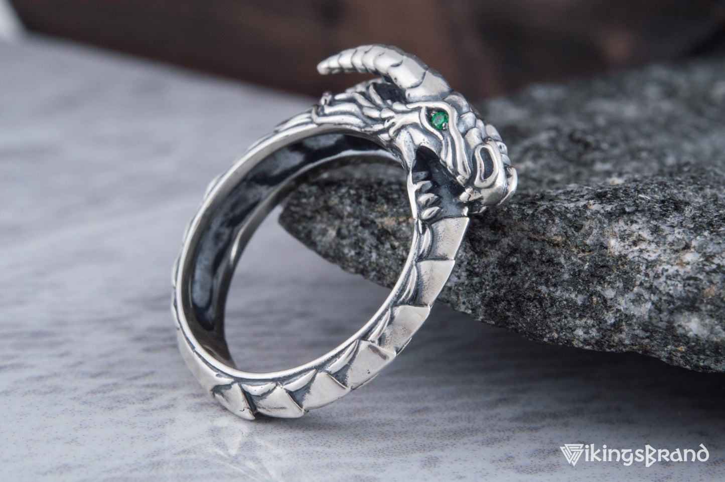 Ouroboros Viking Ring with Gem Sterling Silver Handmade Jewelry