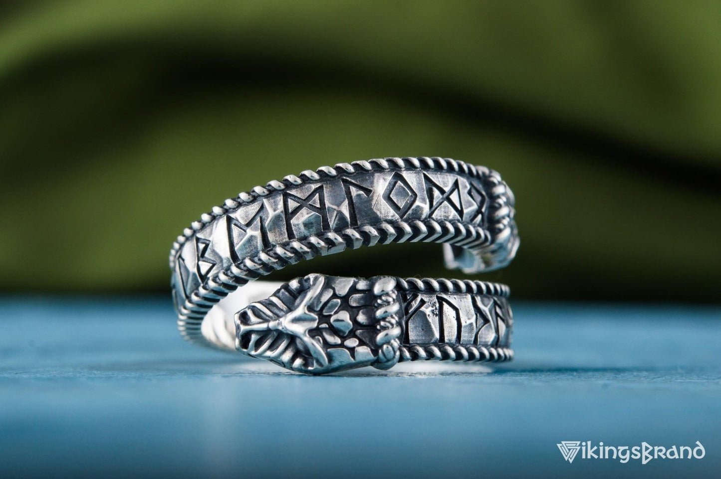 Ouroboros Viking Ring with Runes Ornament Sterling Silver Norse Jewelry