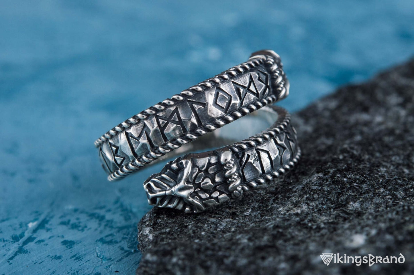 Ouroboros Viking Ring with Runes Ornament Sterling Silver Norse Jewelry