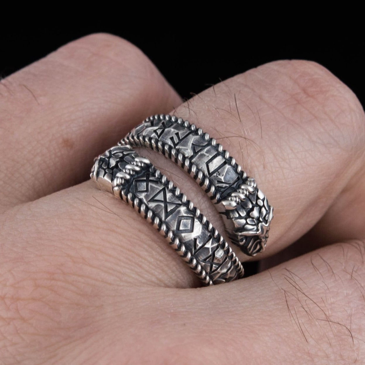 Ouroboros ring with runes ornament, 925 sterling silver – view 5