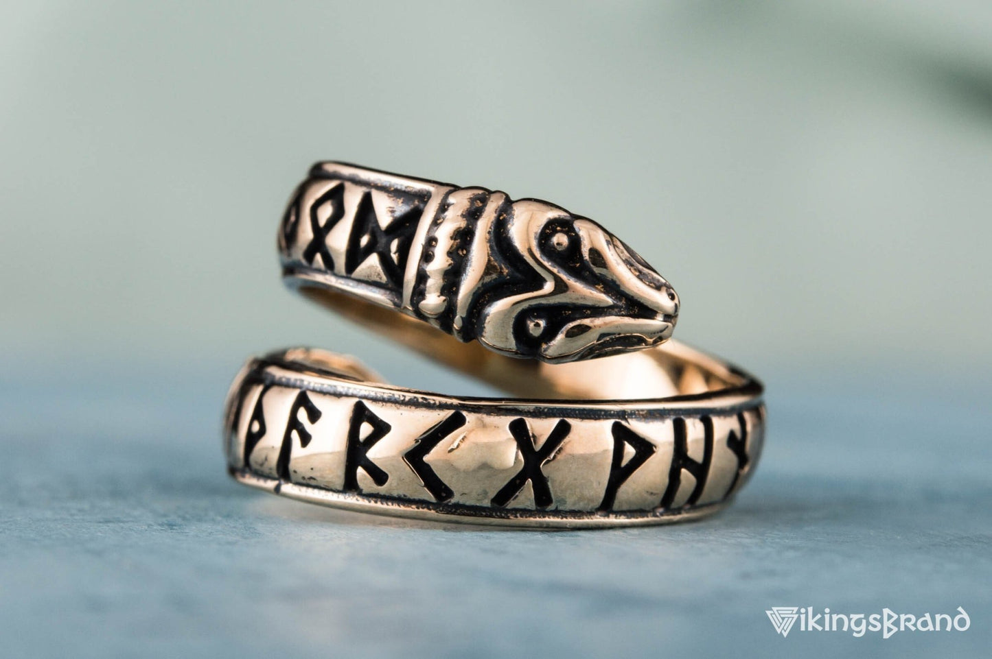 Ouroboros Vikings Ring with Elder Futhark Runes Bronze Handmade Viking Jewelry