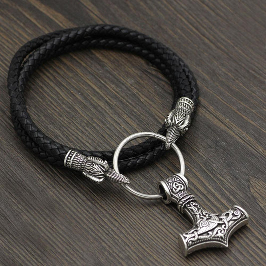 Raven Head Genuine Leather Necklace with Thor's Hammer Pendant - VikingsBrand
