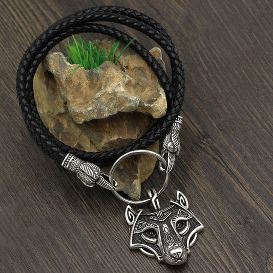 Raven Head Genuine Leather Necklace with Wolf Head Pendant - VikingsBrand