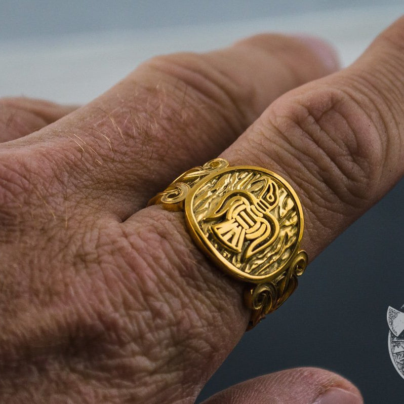Ornamental raven 14K gold Viking ring – view 6