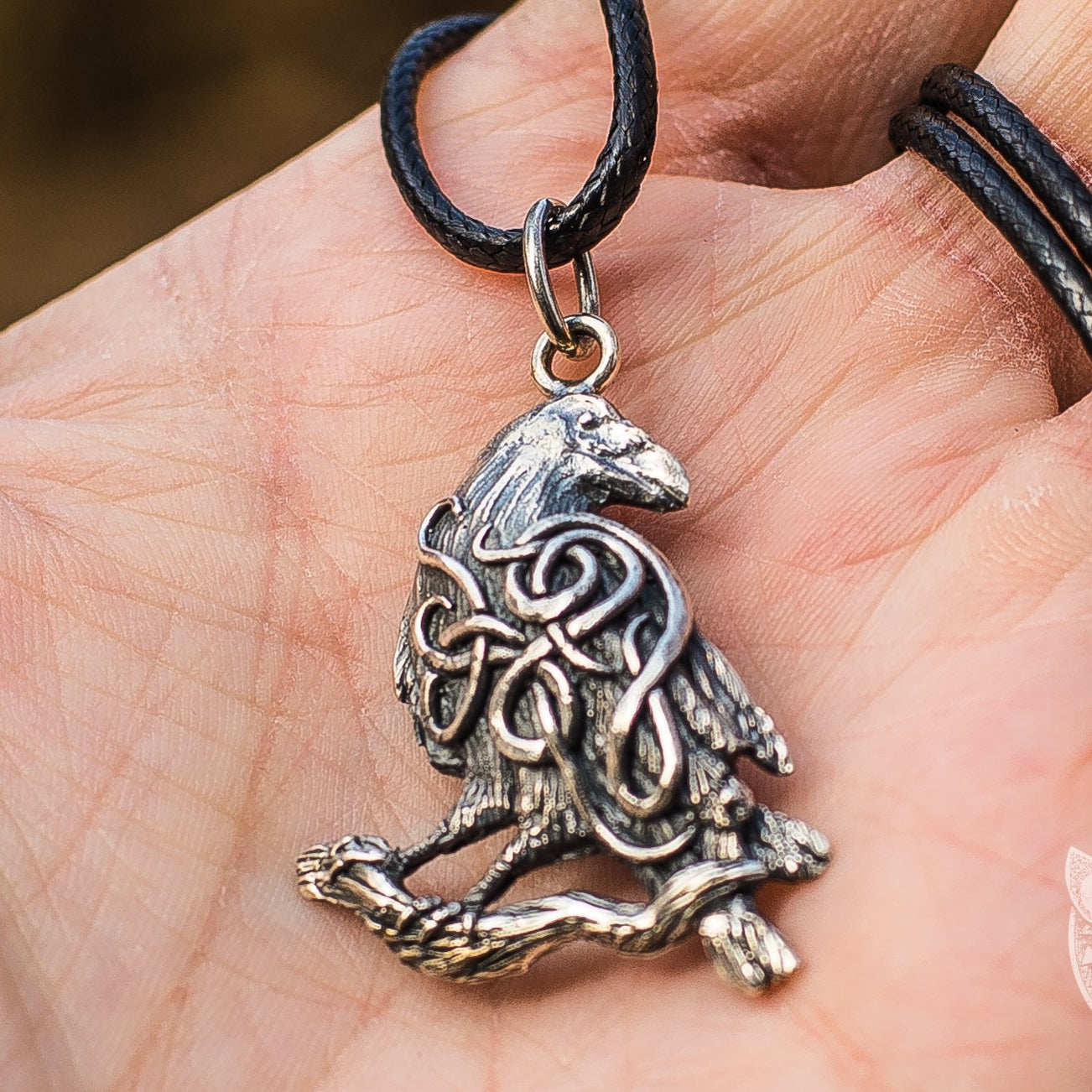 Raven with Ornament 925 Sterling Silver Pendant - VikingsBrand