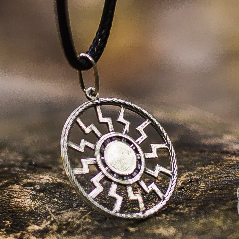 Round Black Sun Symbol 925 Sterling Silver Pendant - VikingsBrand