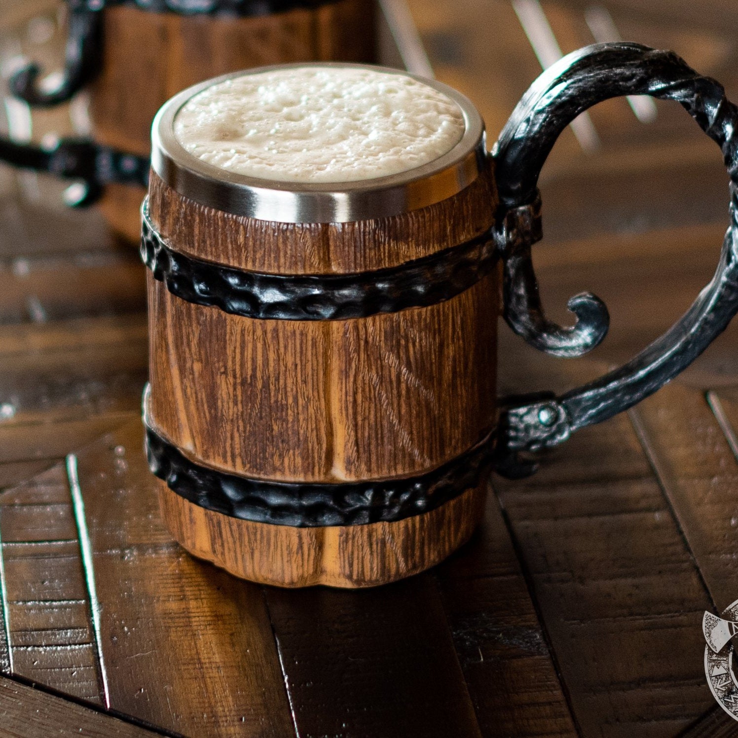 Rustic Wooden Barrel Resin Mug Large Handle Stainless Steel Insert - VikingsBrand