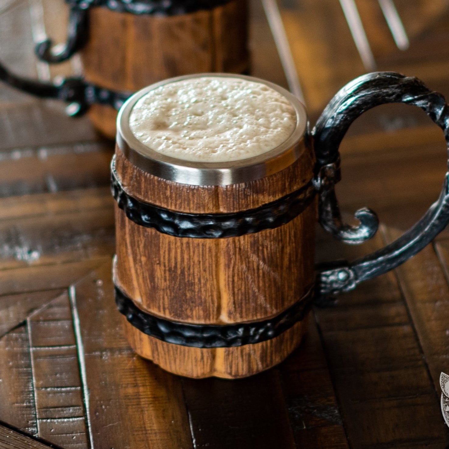Rustic Wooden Barrel Resin Mug Large Handle Stainless Steel Insert - VikingsBrand
